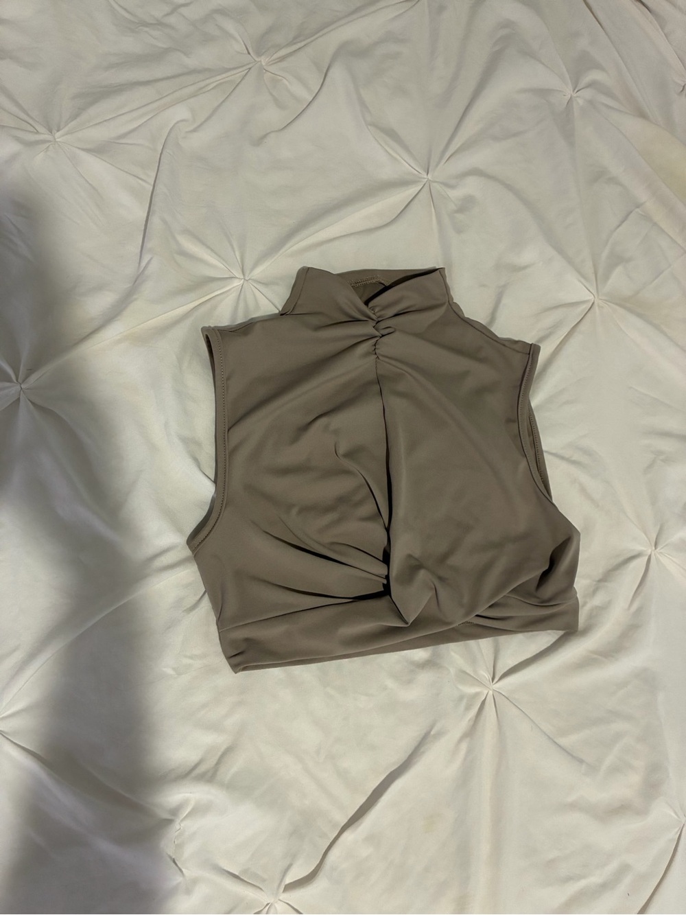 Sleeveless Twist-Front Mock Neck Crop Top - Taupe